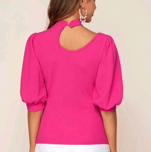 Neon Pink Cutout Detail Puff Sleeve Top - Picture 2 of 5
